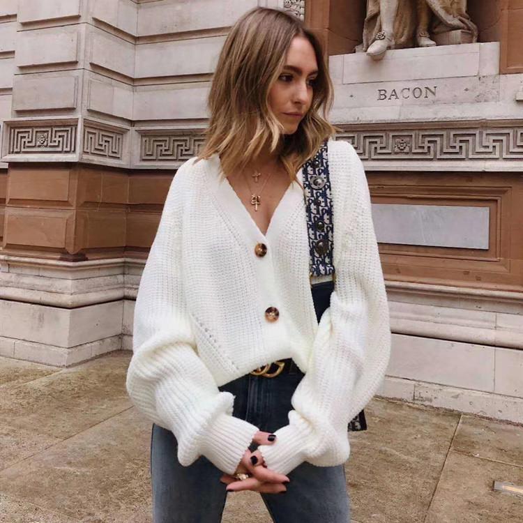2023 Fall/Winter Women's V-Neck Lantern Sleeve Knit Cardigan