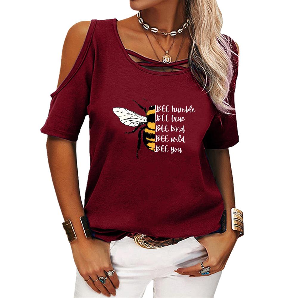 Women Fashion Print Tee Shirt Summer Off Shoulder Short Sleeved Top Ladies Casual O Neck T-shirt