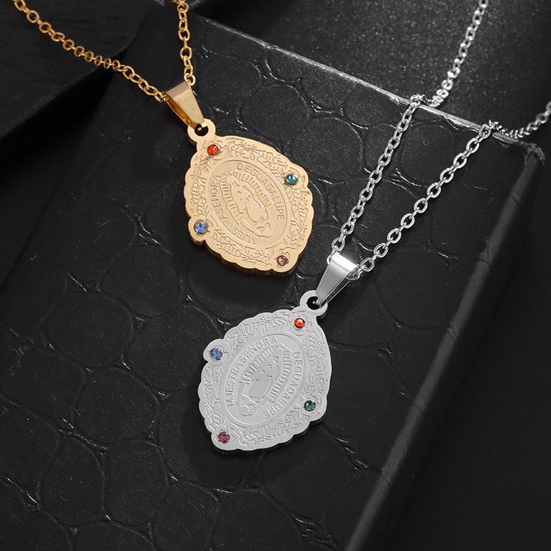 Stainless Steel Colored Zircon Catholic Virgin Mary Pendant Guadalupe Amulet Necklace Women Fashion Lucky Jewelry Gift