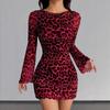 Abito sexy a maniche lunghe con scollo rotondo e stampa leopardata, elegante gonna corta in tulle per donna