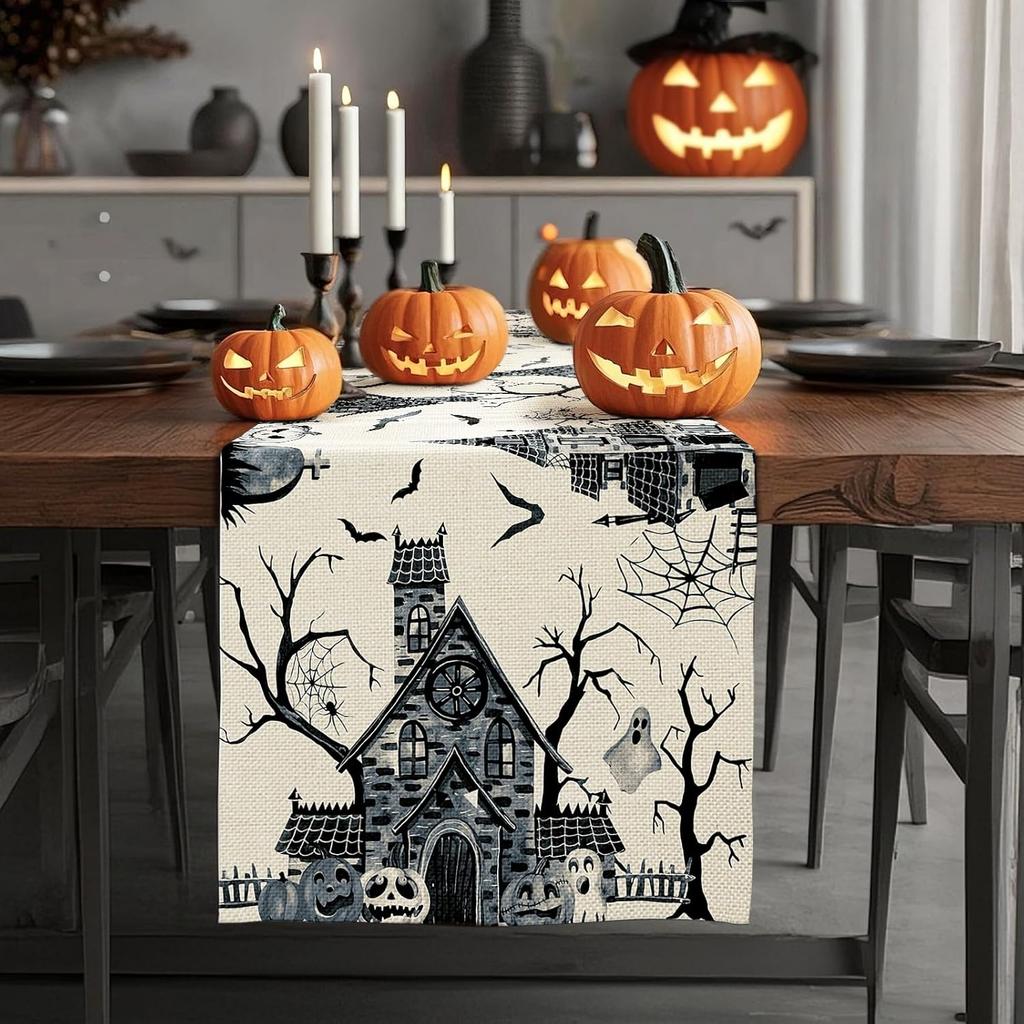 Artscope Black White Spooky Haunted House Tree Ghost Halloween Table Runner, Halloween Holiday Kitchen Dining Table Decoration for Fall Home Decor