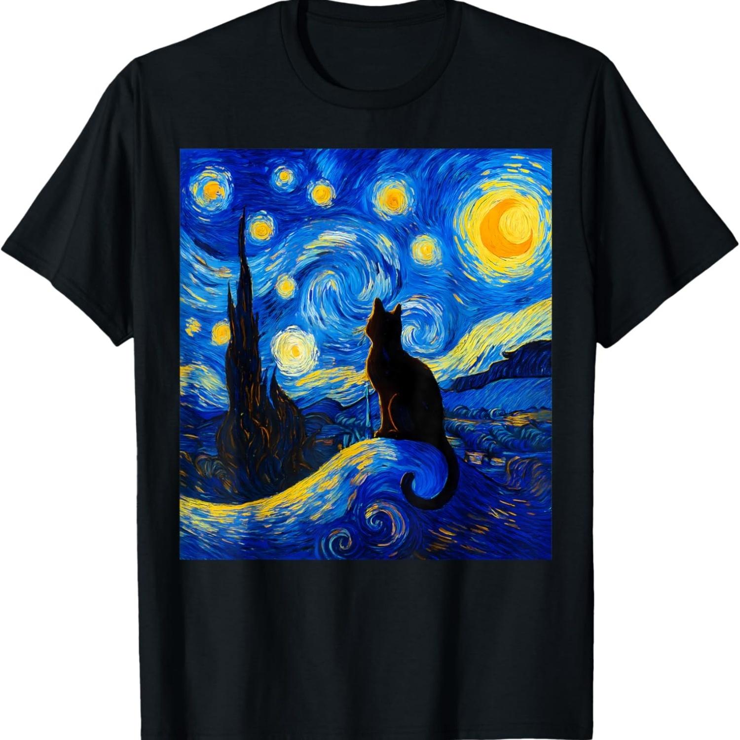 Black Cat on a Starry Night – Cat Lover Funny Van Gogh T-Shirt S чёрный