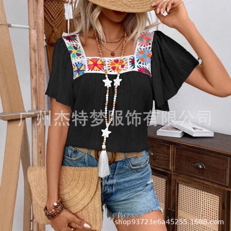 Women's Summer New Style Square Collar Crochet Lace Short Sleeved Blouse
