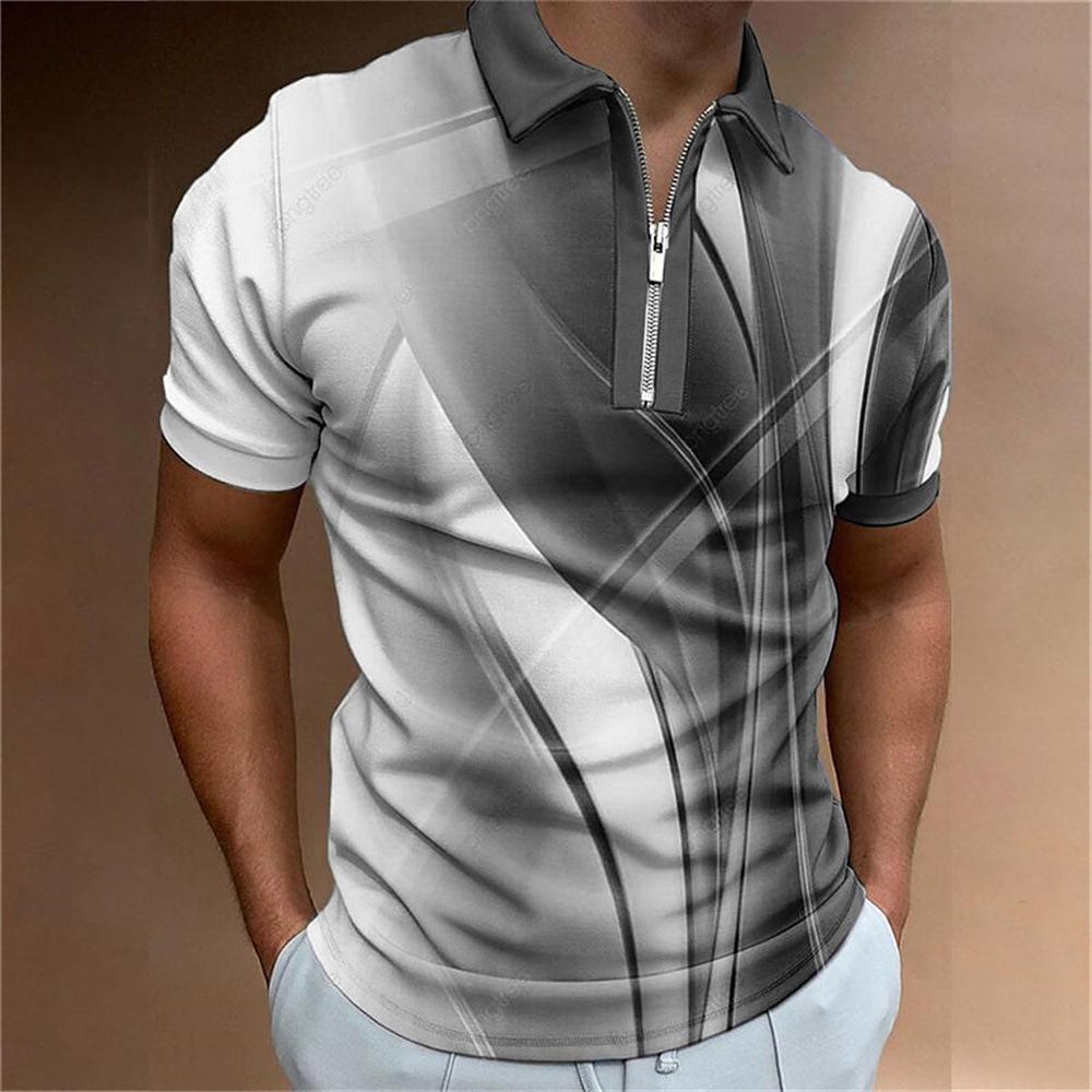 Men's Zip-up Short Sleeve Polo Shirt, Stylish Abstract Design, Casual Essential