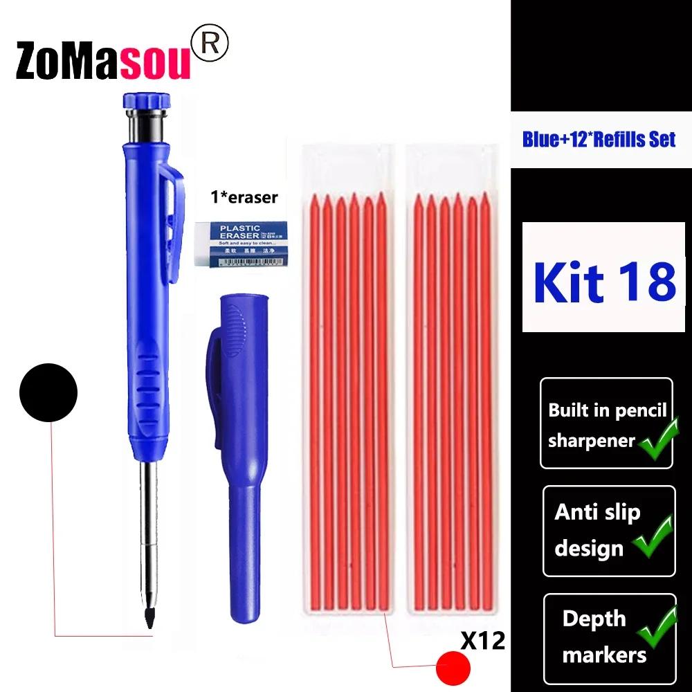 Reuseable Long Head Deep Hole Markers Pen Pencils Solid Carpenter Refill Leads Built-in Sharpener Woodwork Construction Tools