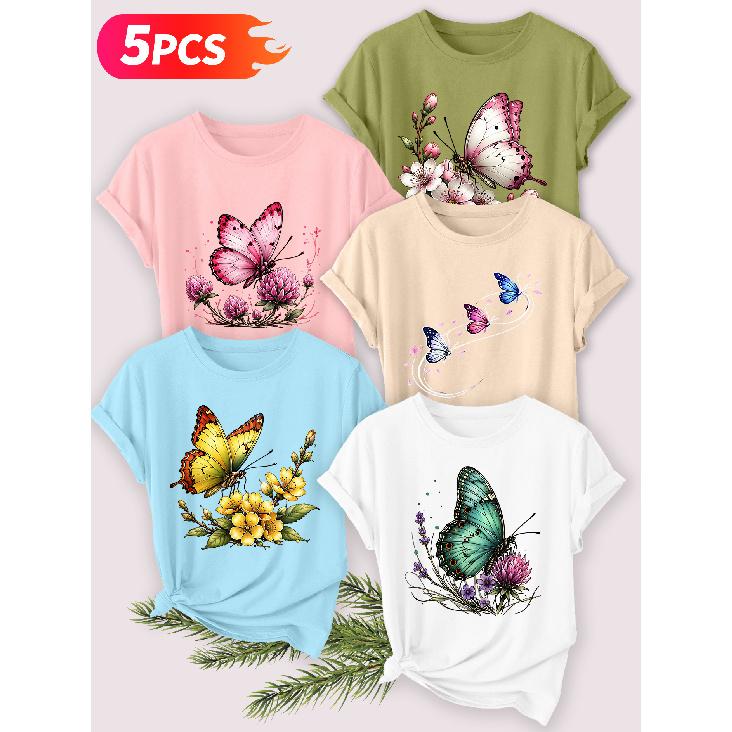 2026 5 Pack Women Short Sleeve T Shirts Clover Butterfly Gradient Blue Butterfly Lavender Realistic Floral Print Elegant Daily Tops