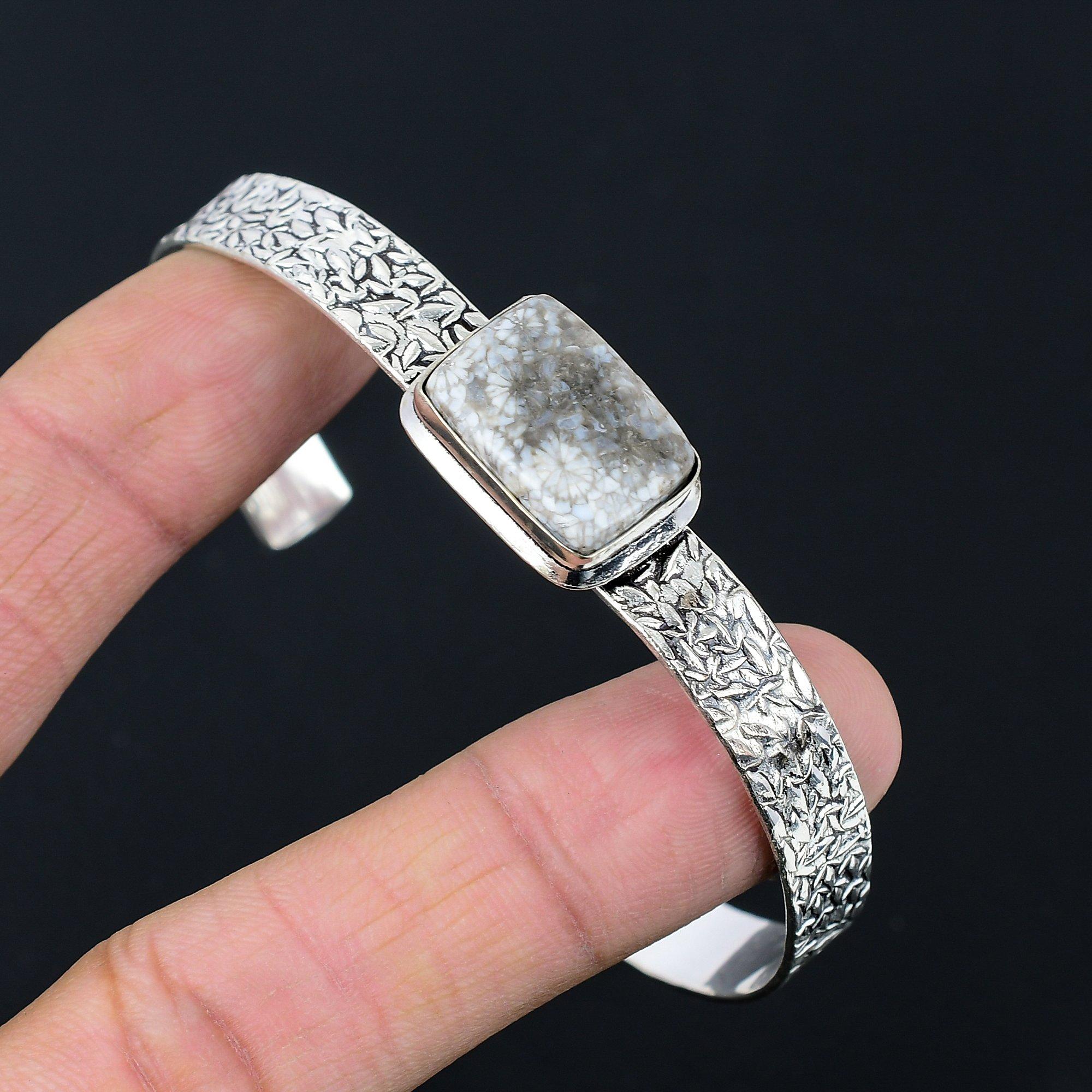 

Root Chakra Fossil Coral Stone Engagement New Bangle Jewelry 925 Sterling Silver Adjustable