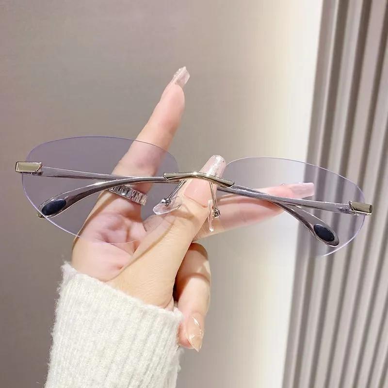 Frameless Metal Oval Glasses Korean Style Cat Eye Glasses for Women Fashion Round Anti Blue Light Eyewear
