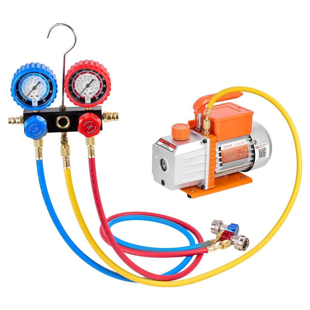 AC Vacuum Pump and Gauge Set, 4.5 CFM 127 L/min, Single Stage Rotary Vane HVAC Vacuum Pump, Manifold Gauge Kit, for R134a R22 R410a R1234YF R32, with