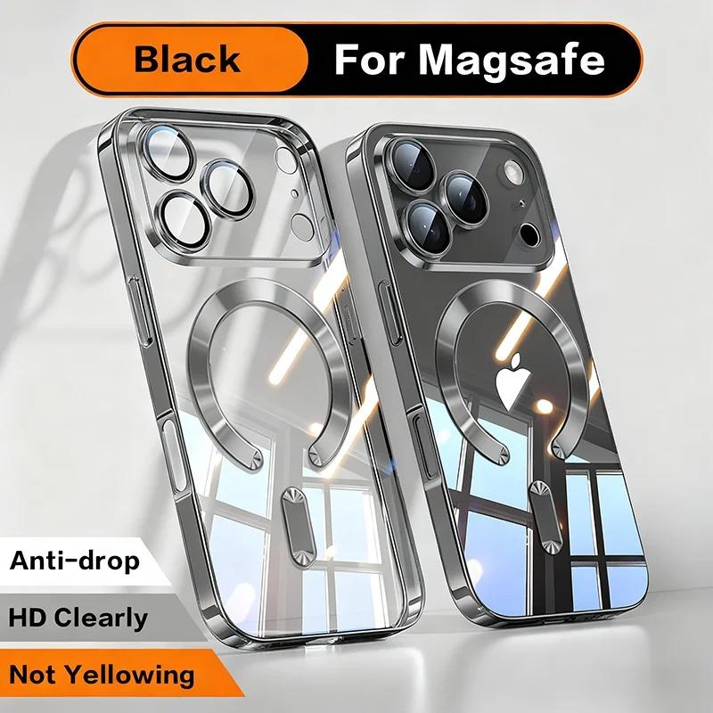 Luxury Plating Magnetic Clear Phone Case For iPhone 17 16 15 14 13 Pro Max 17 Air For Magsafe Lens Protection Shockproof Cover