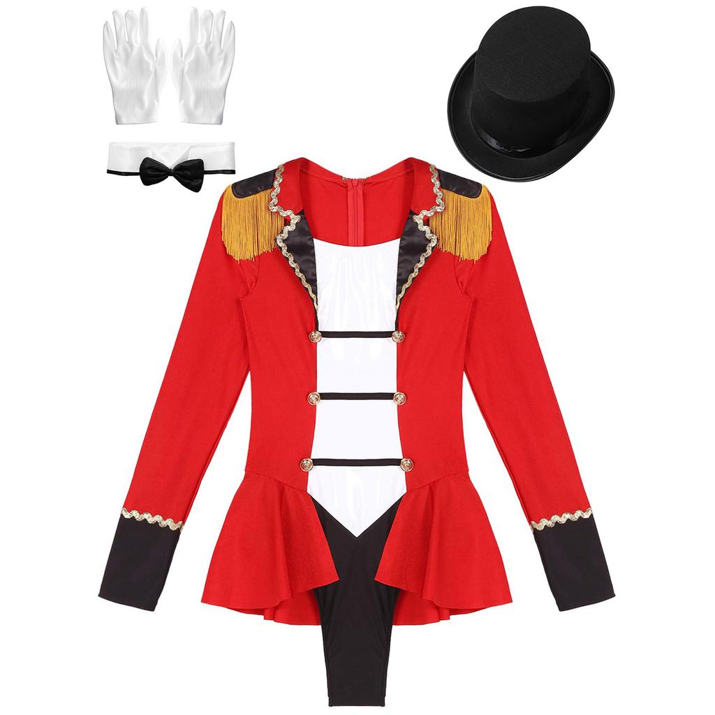 Womens Ringmaster Costume Long Sleeve Lapel Design Fringed Shoulder Back Zipper Bodysuit Hat Bow Collar Gloves Set
