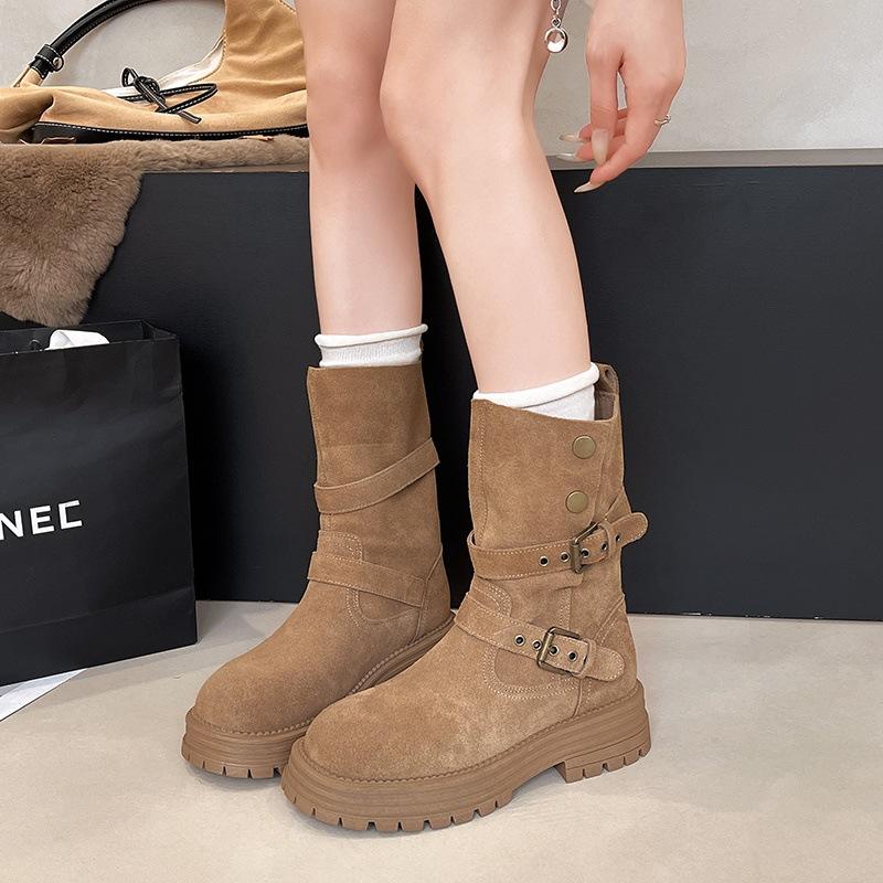 2025 autumn new retro wind matte leather rivet belt buckle two wear medium boots women's thick heel thick sole Martin boots