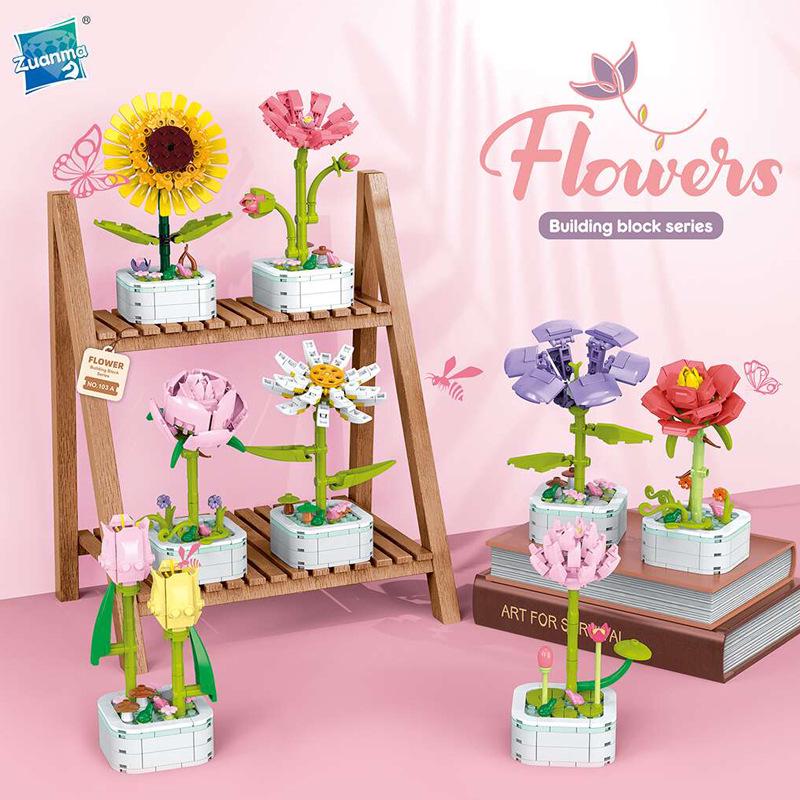 Kids' Educational Interlocking Building Blocks - Flower Potted Plant (Rose & Epiphyllum) Compatible with Top Building Block Models