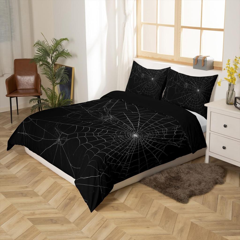 Spider Web Bedding Duvet Cover Set Kids Halloween Theme Spider Print Bedding Set Boys Girls Black White Decor Comforter Cover Microfiber Tri