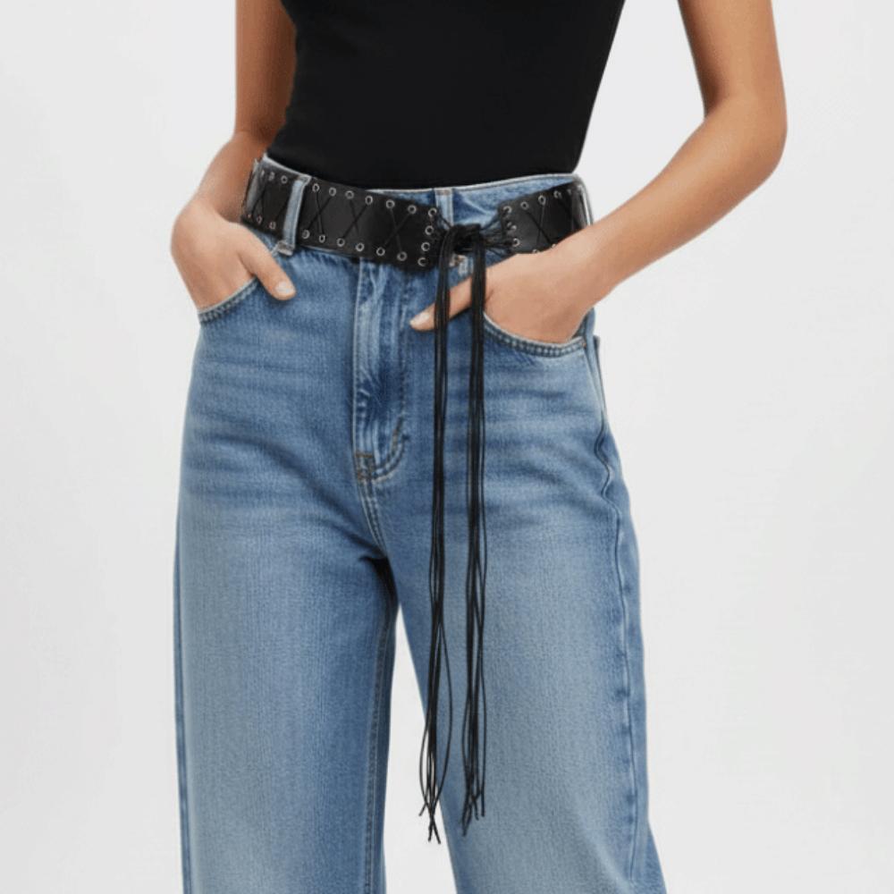 Wide Side Black Punk Belt Lace-up Straps Tassel Belt Leather Waist Chain Men Waist Decoration