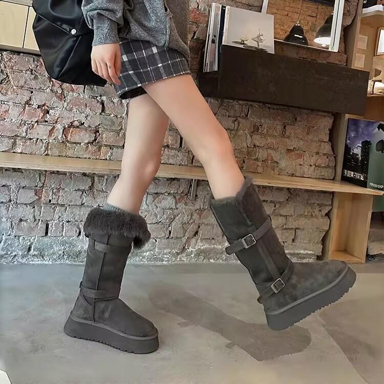 Gray Short Snow Boots Women's 2025 Winter New Thick-soled Heightening Piled Thickened Long Tube Warm Snow Cotton Shoes