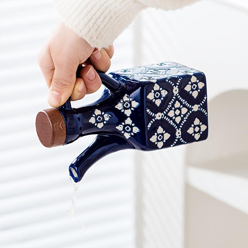 1pc Ceramic Oil Dispenser with Wooden Lid and Handle,Blue and White Porcelain Design,BPA-Free,Freezer Safe, Square Shape for Kitchen Seasoning Storage