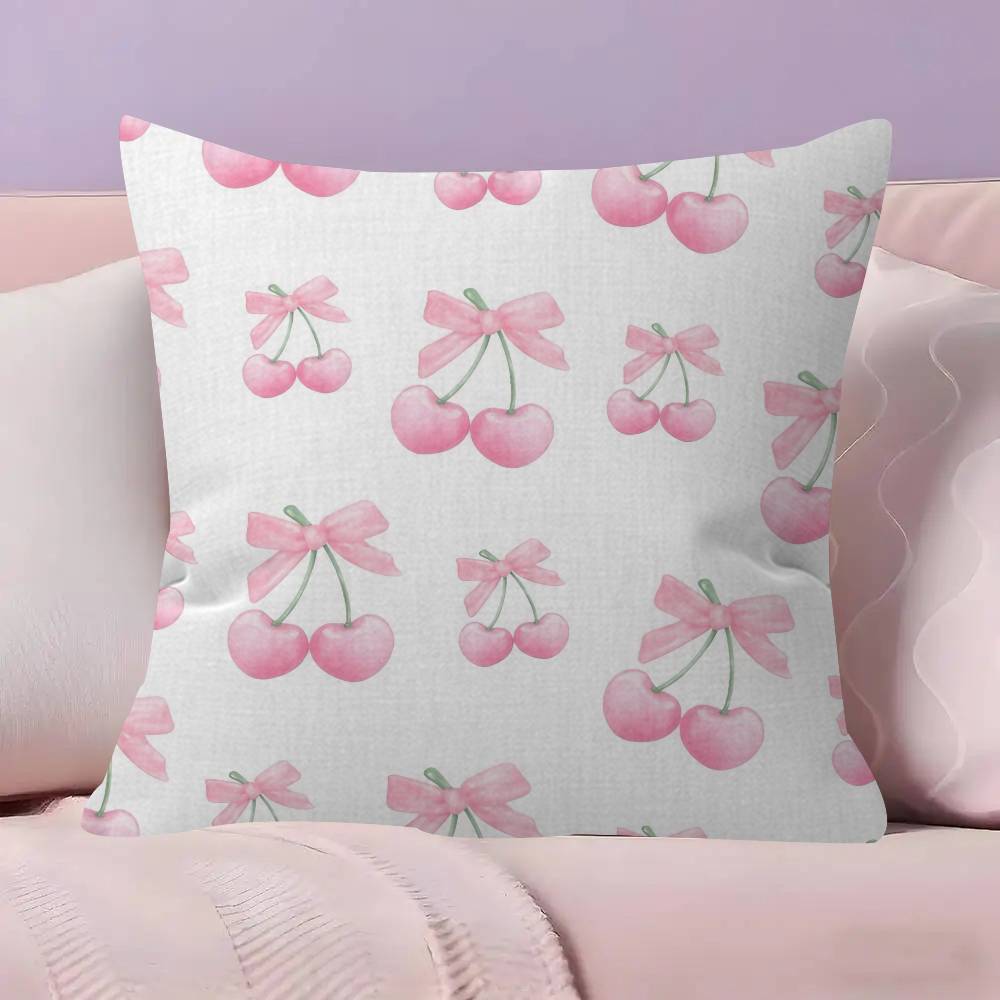 Pink Bow Cherry Maple Design Cushion Cover Happy Autumn Harvest Decor Holiday Decorati Pillow Cover