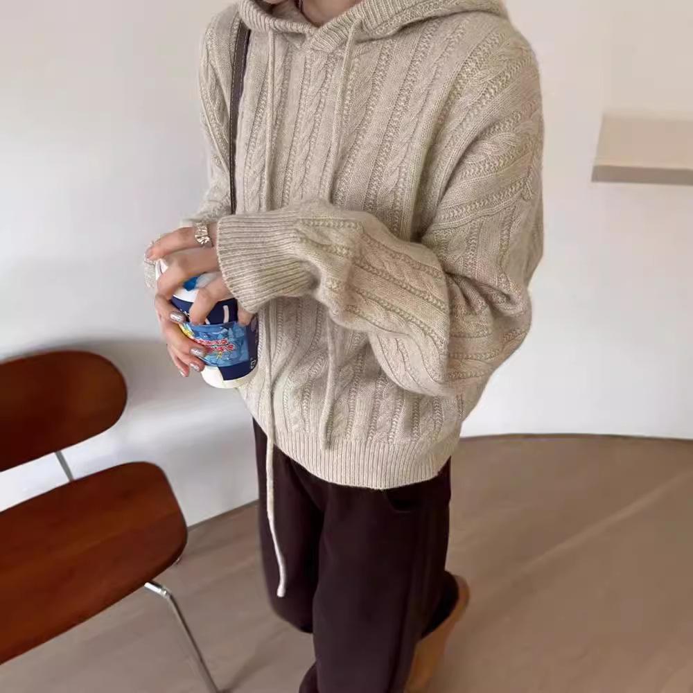 Women's Hooded Pure Wool Cable Knit Sweater - Loose Slimming Fit, Solid Color, Ideal for Autumn/Winter