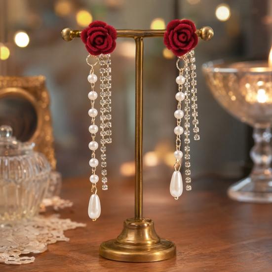 1 Paar Roos Kwastje Hangende Oorbellen voor Vrouwen, Kunstparel Strass Franje Stud Oorbellen, Hypoallergeen Lichtgewicht Drop Oorbellen