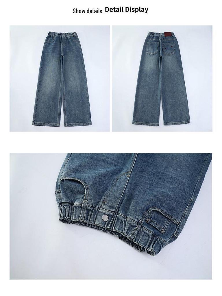 2025 Girls' Embroidered Wide-Leg Jeans: Spring/Fall Casual Straight-Leg Pants for Medium & Big Kids