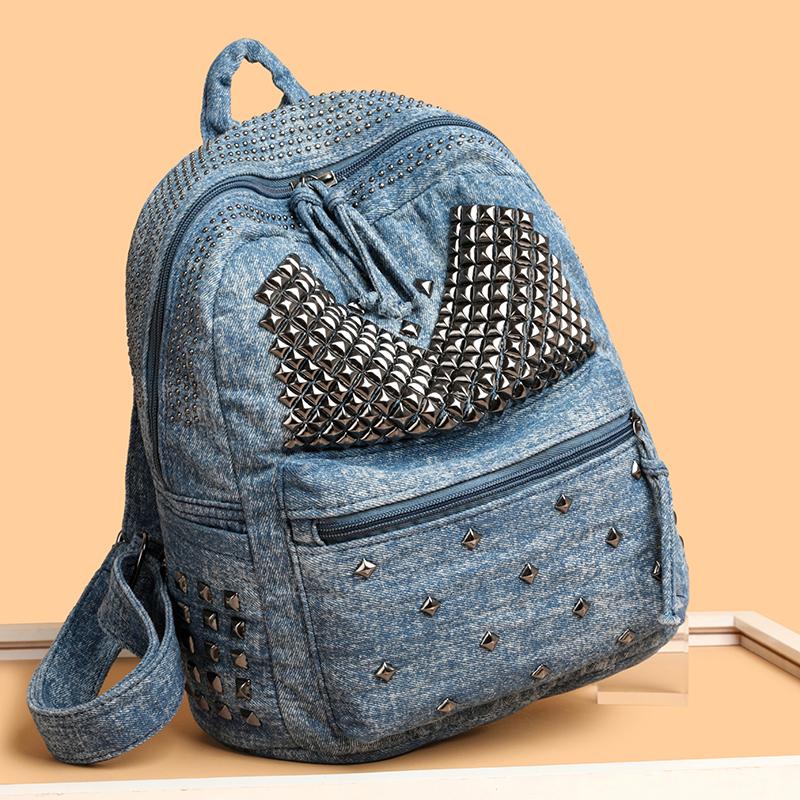 Zaino di Moda in Tessuto di Cotone Denim con Borchie Super Cool e Cerniera Solida per Donne 2026 Alta Qualità Grande Capacità Stile Designer Borsa da Scuola