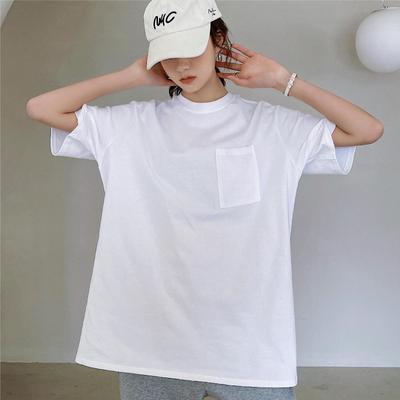 Camiseta de Algodão Puro de Manga Curta de Comprimento Médio para Mulheres Tendência Solta Fina Gola Redonda Camisa Básica para Mulheres Novo Estilo