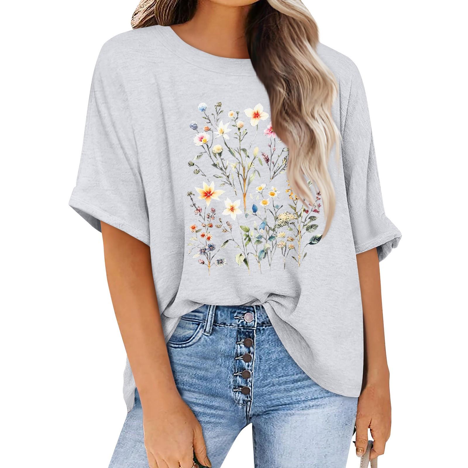 

Жіночий модний повсякденний топ великого розміру з частковим принтом і круглим вирізом з короткими рукавами XL білий