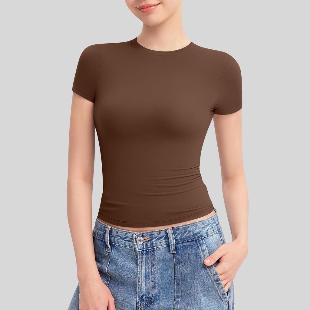 Women's Round Neck Short Sleeve Tops Double Lined Slim Fit T Shirts Basic Tee Cloud