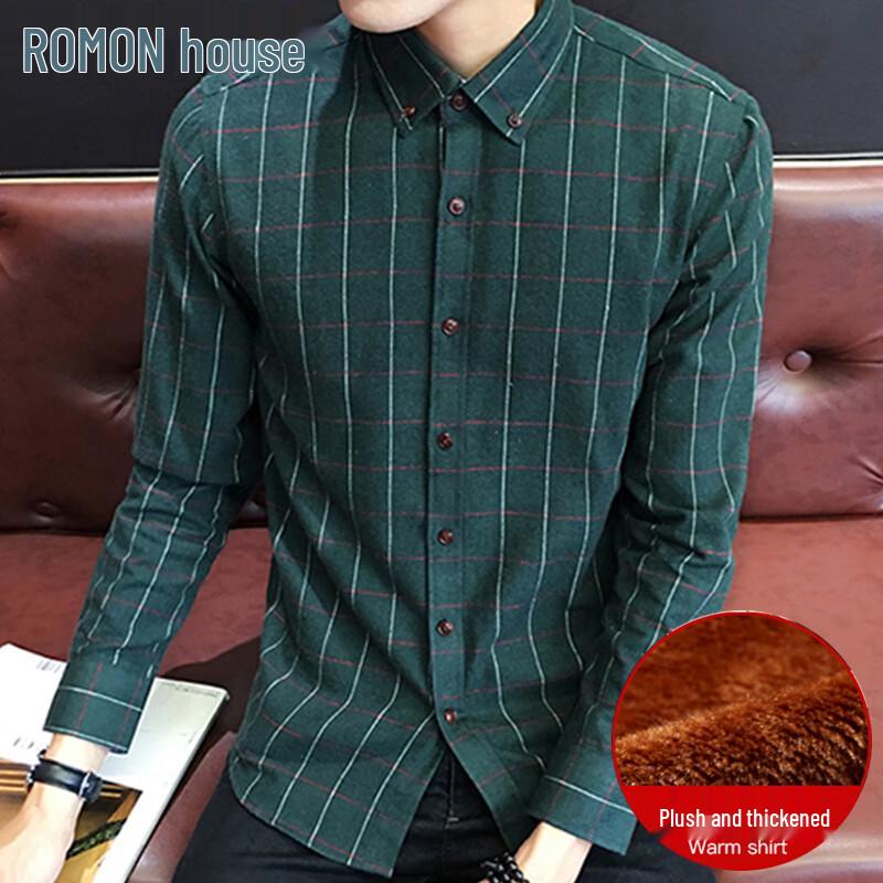 ROMON Men s Fleece-Lined Plaid Long-Sleeve Shirt XL