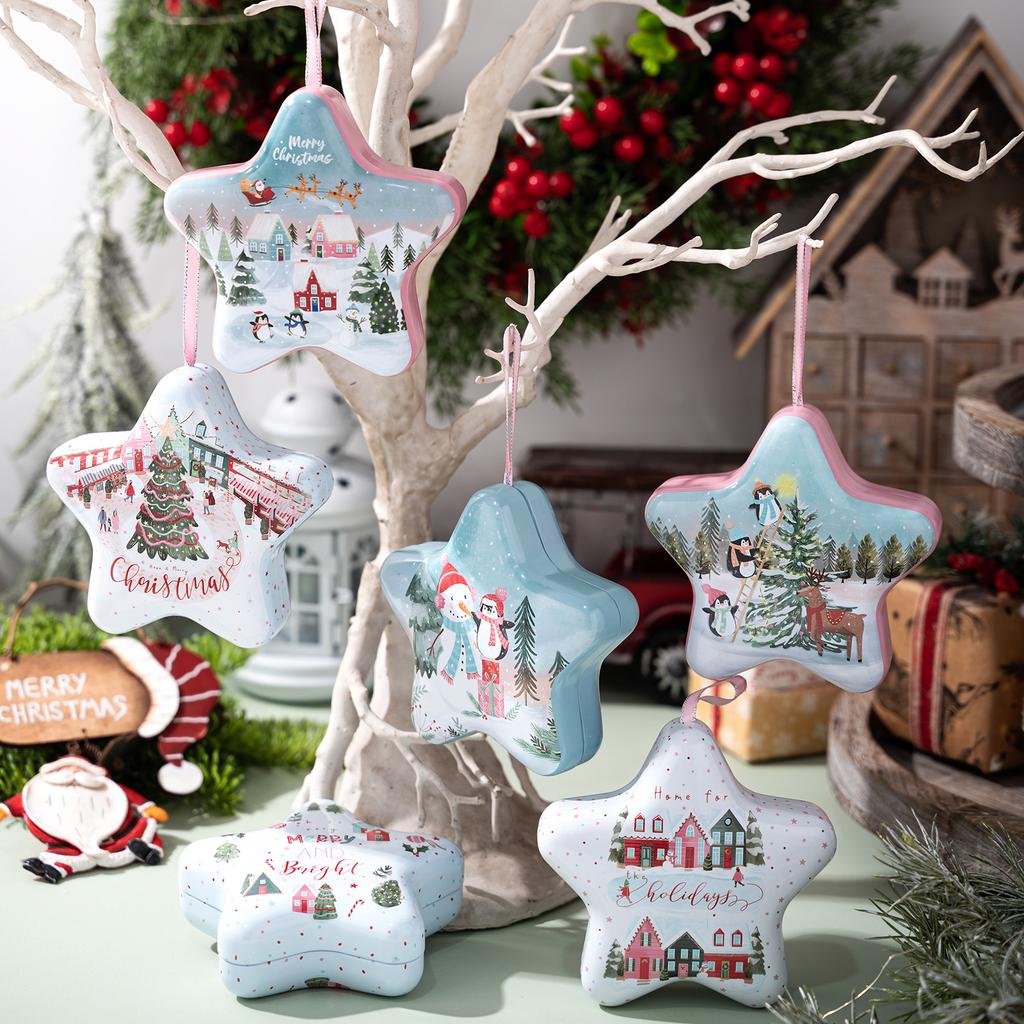 Christmas Tin Box Star Shaped Chocolate Cookies Candy Box With Hanging Rope Christmas Storage Box Ornaments Gifts