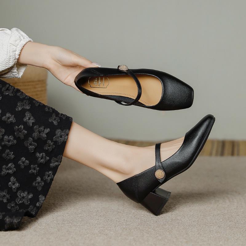 Genuine Leather Chunky Heel Mary Janes - Low-Cut, Soft Sole & Upper for Casual Wear in Spring & Autumn