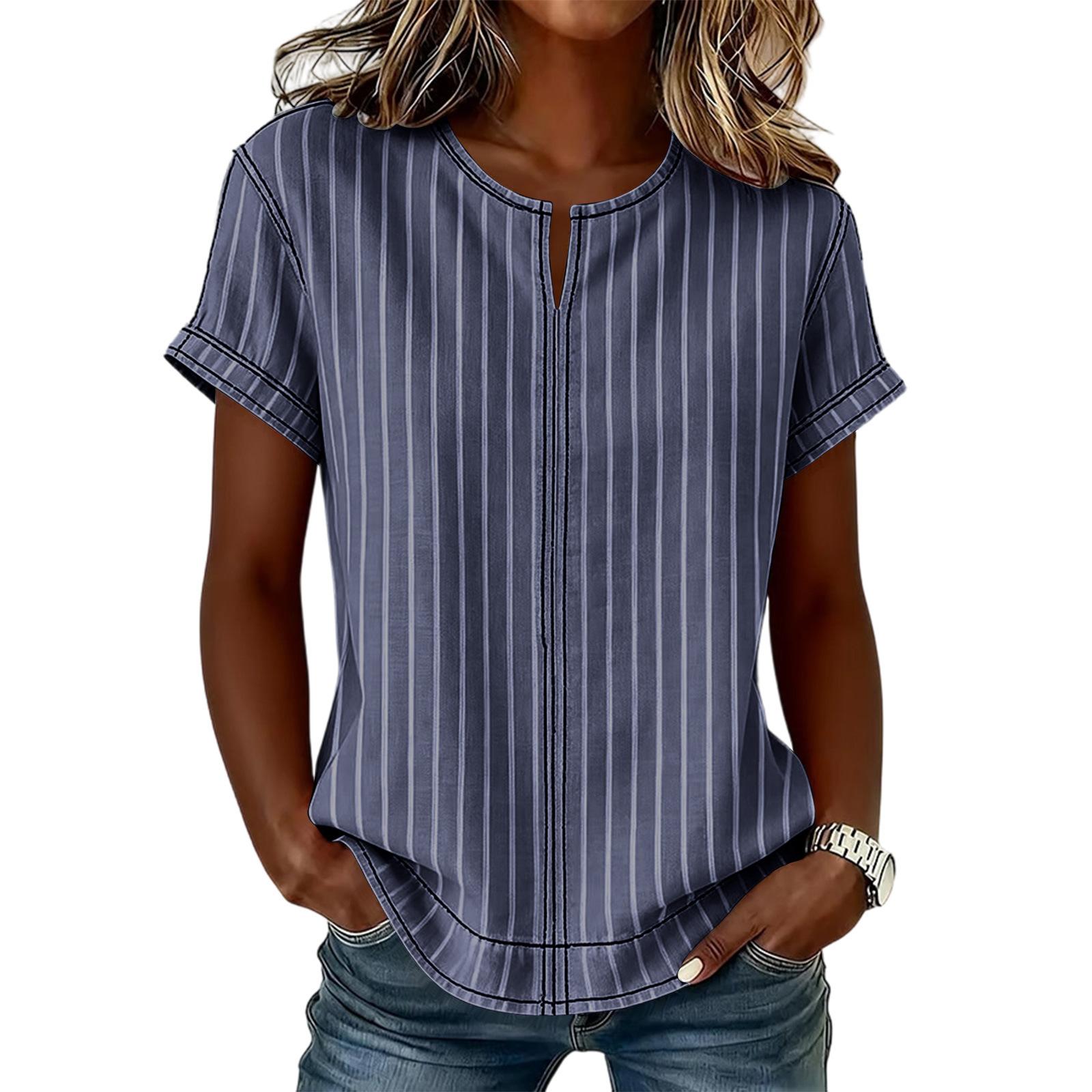 

Women Casual Loose Fit Striped Short Sleeve T Shirt Crew Neck Comfortable Everyday Basic Top Suitable for Various Outfits L тёмно-синий