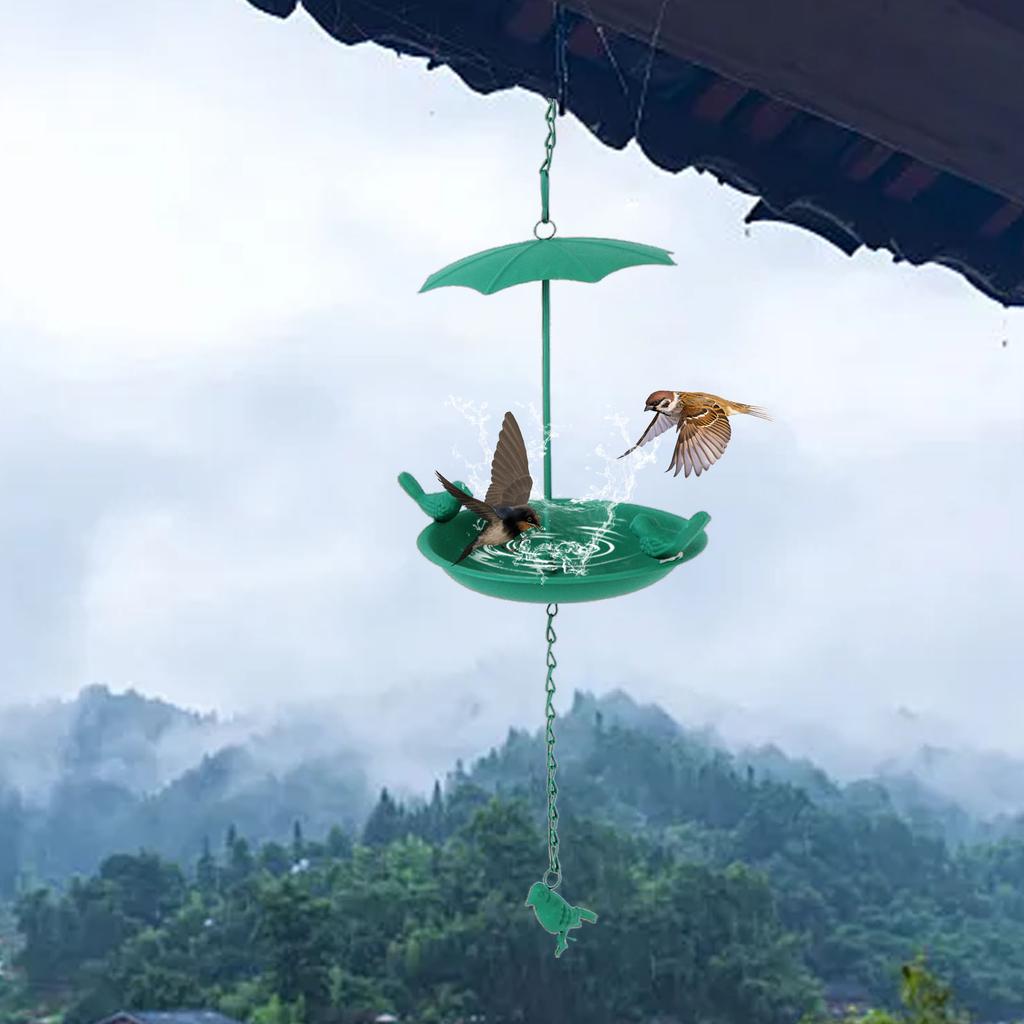 Hanging Bird Feeder Green Metal Large Capacity Umbrella Top Hanging Bath Tray for Outdoor Garden