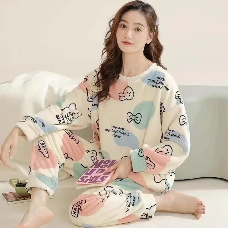 Thickened Warm Pyjamas Set for Women‘s Coral Velvet Sleepwear Student Long Sleeve Blue Striped Nightwear Homewear Cartoon Cute