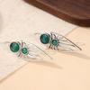 Vintage Design Silver Color Inlaid with Green Stones Women's Earrings Ethnic Metal Geometry Hand Carved Dangle Earrings Woman