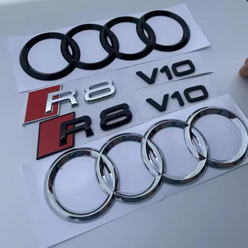 ABS Bright Black Silver Car Hood Front Grill Emblem Rear Trunk Badge Sticker for A R8 4Ring logo V10 Replacement Accessories