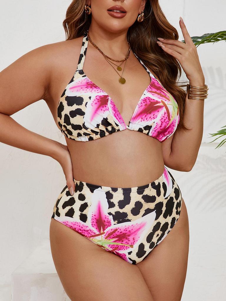 2026 Plus Size Leopard Print Triangle Cup Lace-Up Backless Bikini Set