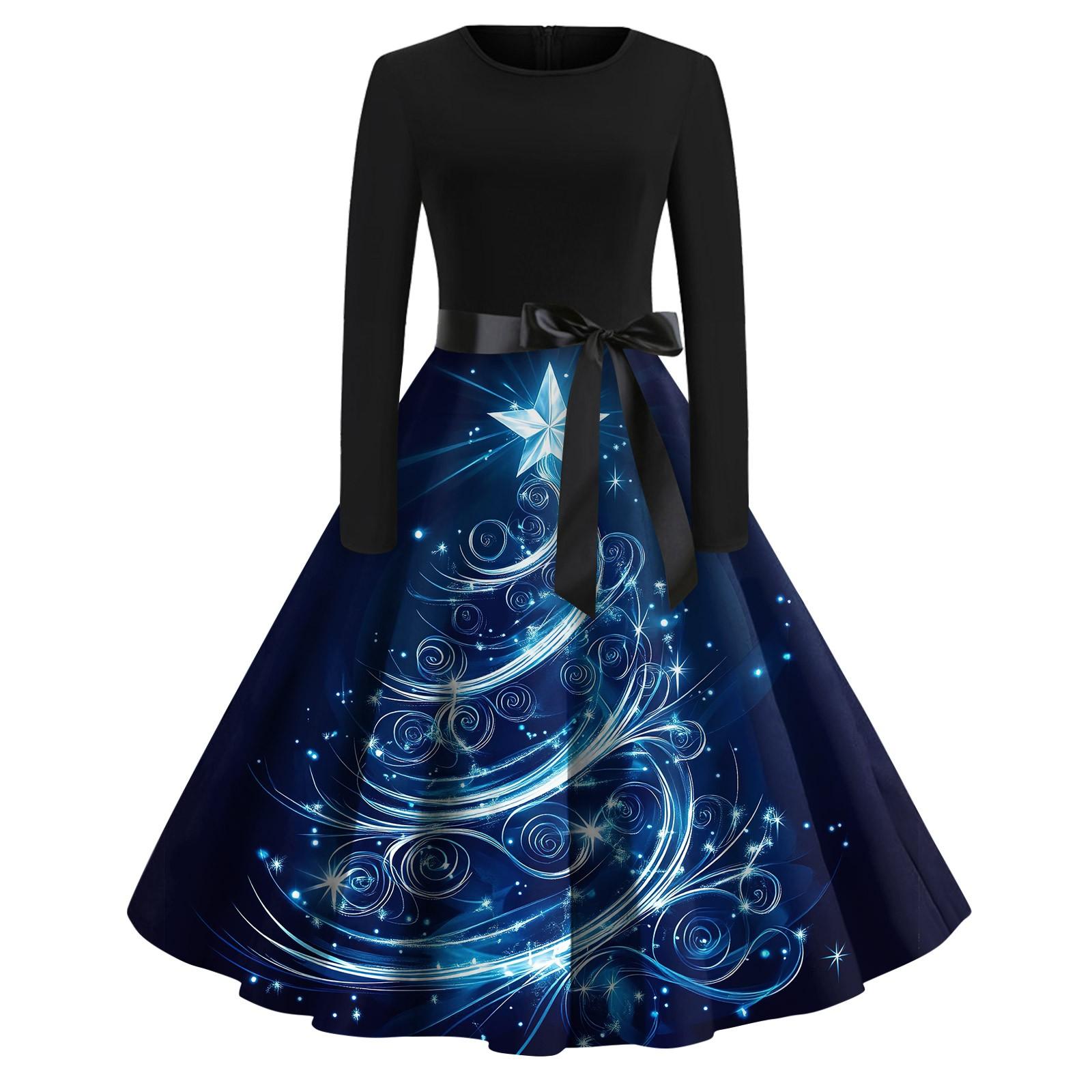 

Жіноча модна вінтажна вечірня сукня з довгим рукавом і круглим вирізом з принтом XXXXXL синій