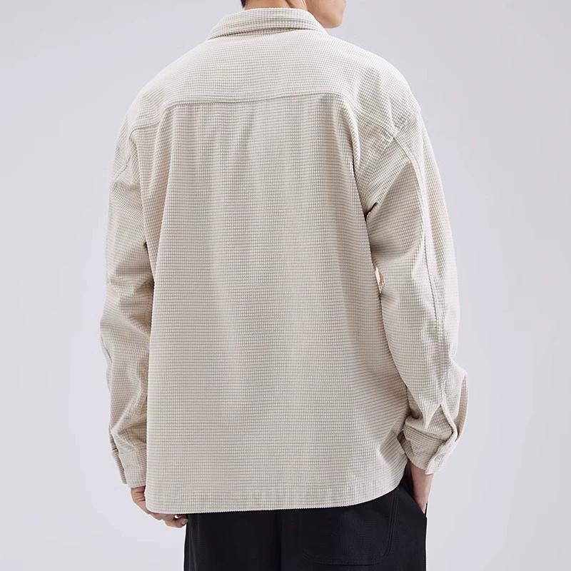 Waffle Long Sleeved Shirt Men's Loose Oversized Autumn Workwear Solid Color Lapel Shirt Jacket