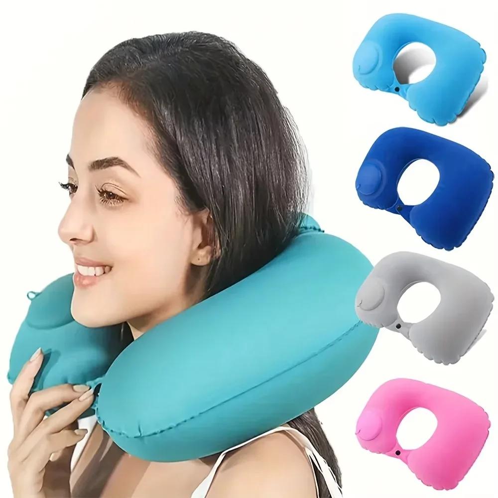 Foldable Portable Pillow Car Neck Protection U-shaped Inflatable Pillow Adjustable Support With Storage Pouch For Camping Travel