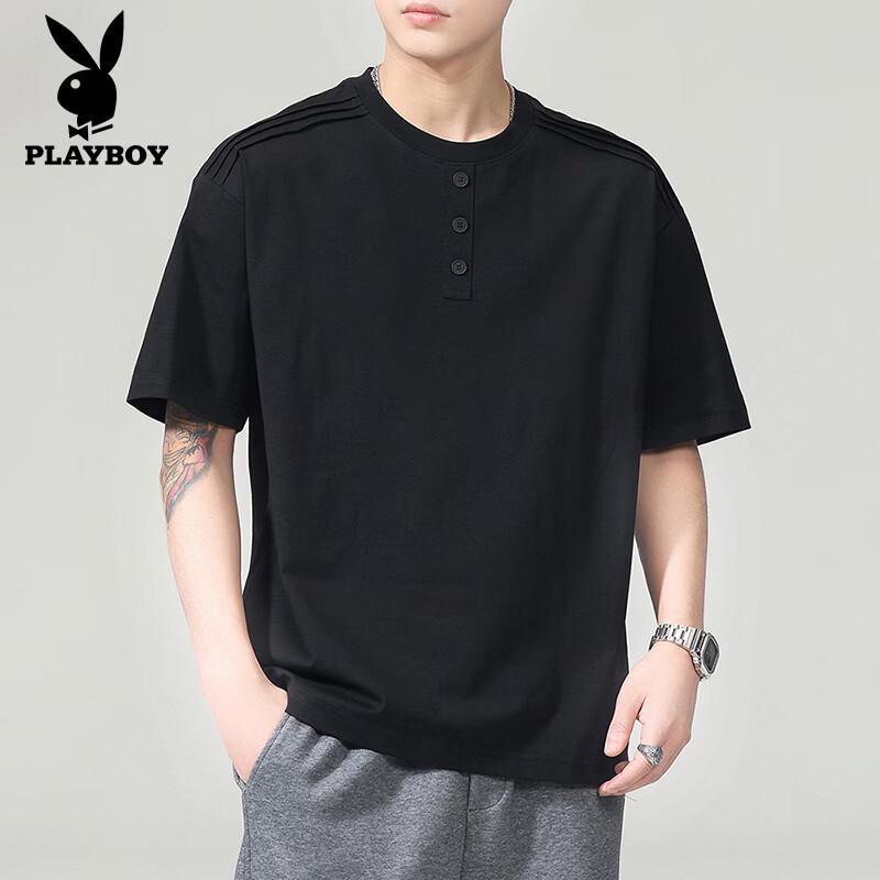 PLAYBOY Men s Henley Collar Short Sleeve T-Shirt 3XL чёрный
