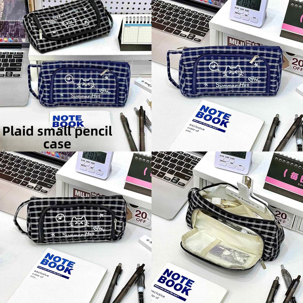 Cute Cat Lattice Pattern Pen Case With Fabric Material For Students And Girls