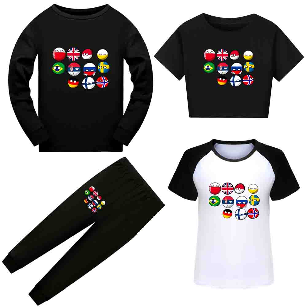 Polandball Dětský pyžamový set Kreslený potisk Countryball Dlouhý/Krátký rukáv Horní díl Dlouhé kalhoty Dětské oblečení na spaní 2 ks Domácí oblečení