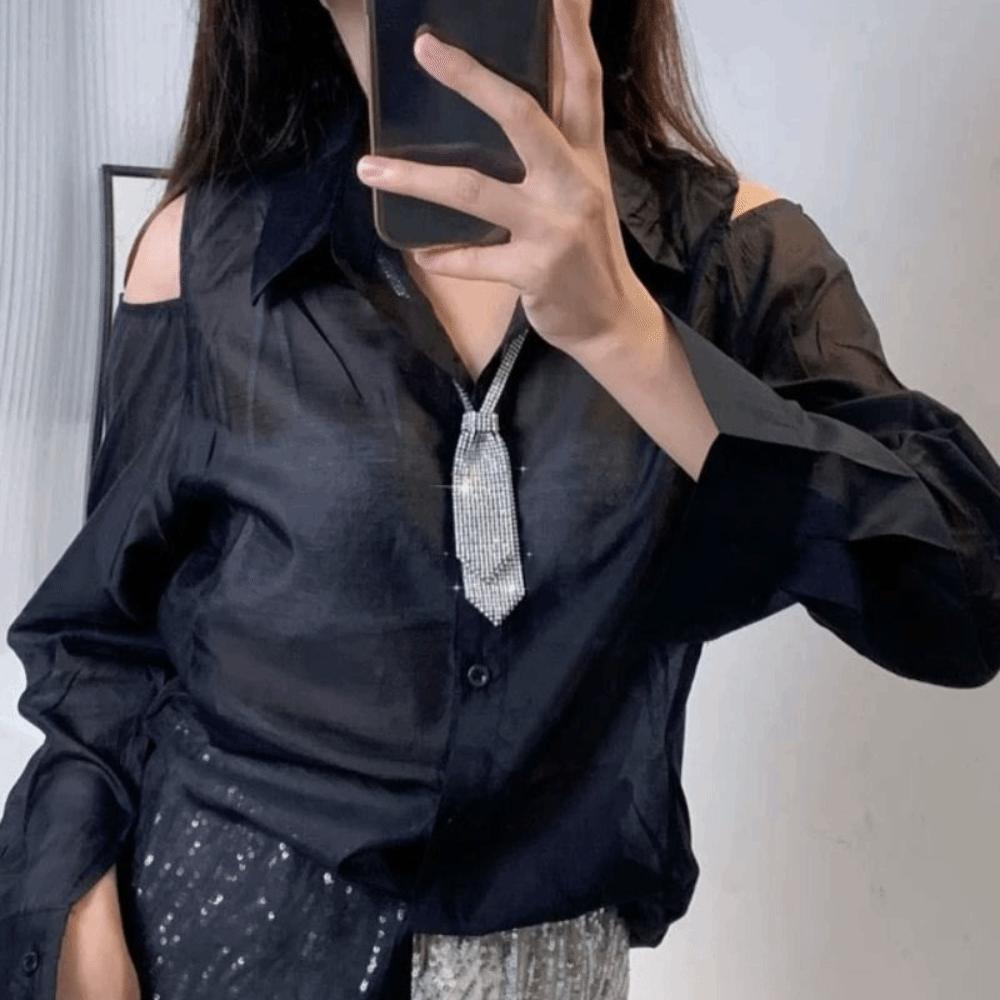 Double Layer Rhinestone Necktie Black Black Necktie Fashion Bow Ties  Jewelry