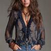 Women's Dark Blue Print Shirt Frill Collar Zip Front Pleated Detail Blouse