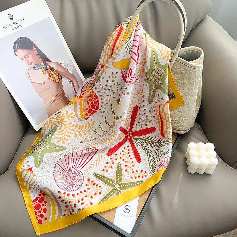 New shell starfish small square scarf niche high-end silk scarf women's neck versatile decorative small scarf headscarf scarf