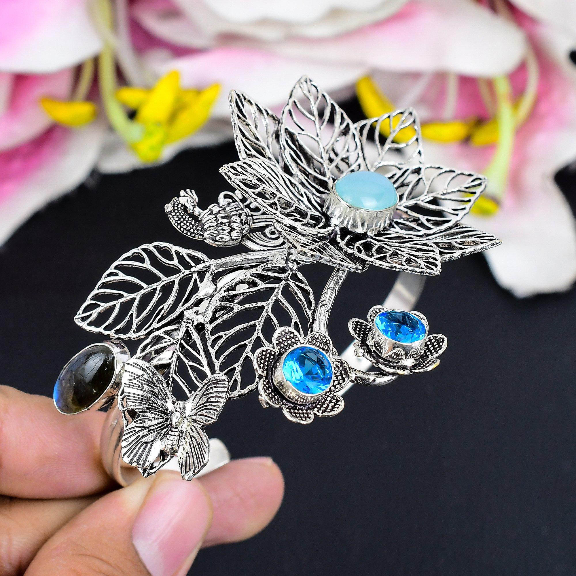 

Республіка Ларимар, Камінь Топаз Срібло 925 проби Манжета Браслет Регульований KG-1878