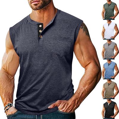 Men's Casual ,color Sleeveless Vest, Men's Round,neck Button Sport Top