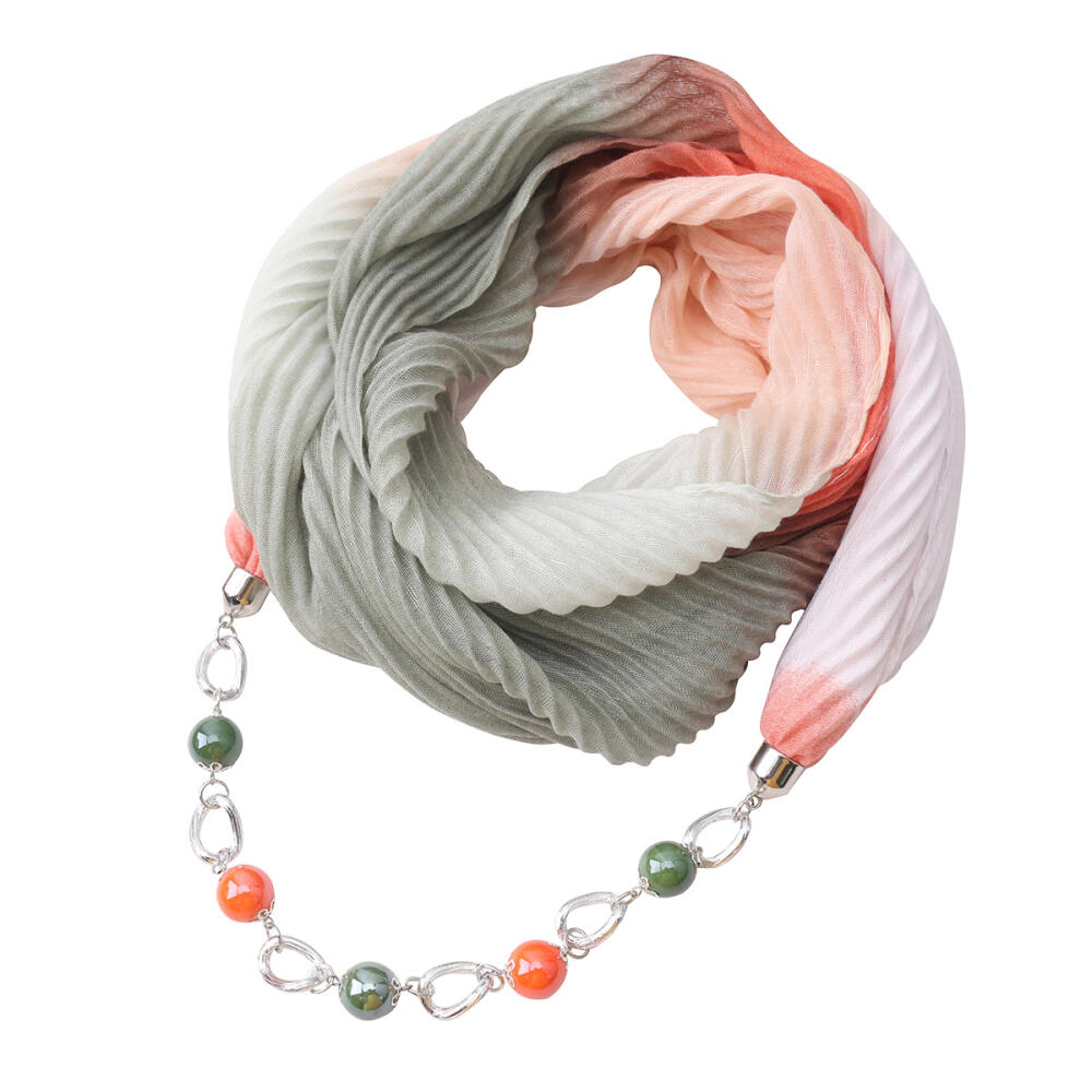 Stylish Cotton Linen Infinity Scarf with Beaded Chain Necklace – Women’s Gradient Color Scarf for Boho & Casual Fashion